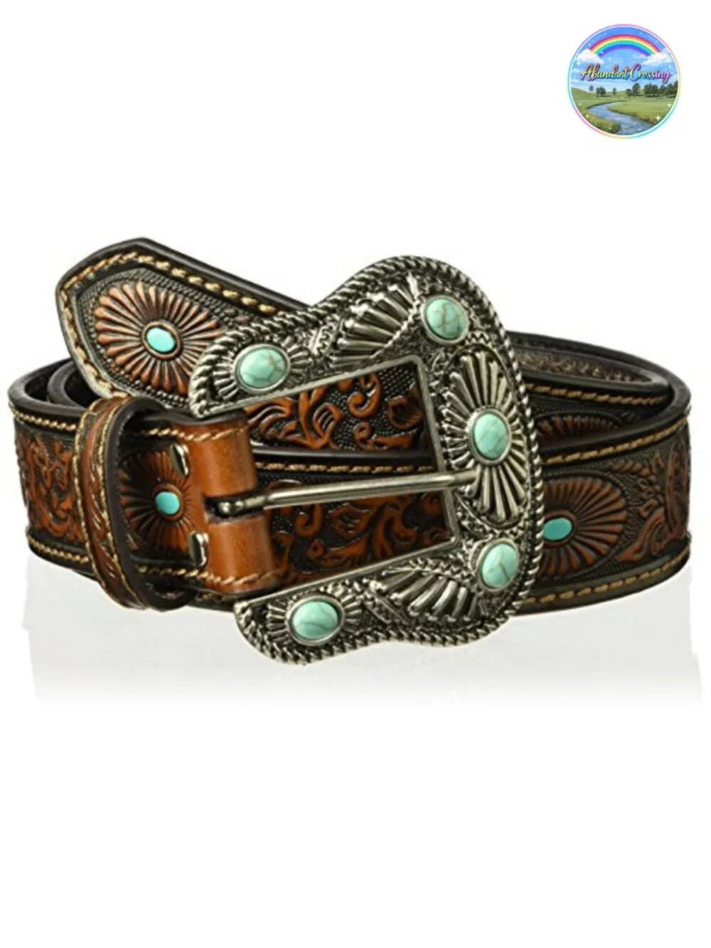 Genuine Leather Western Belt with Turquoise Buckle Triple Snap Interchangeable